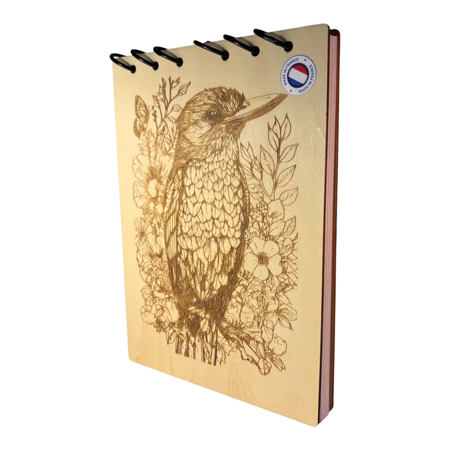 Bloc note A5 Martin pêcheur entouré de fleurs graver au laser rechargeable et ecologique fabrication francaise et artisanale