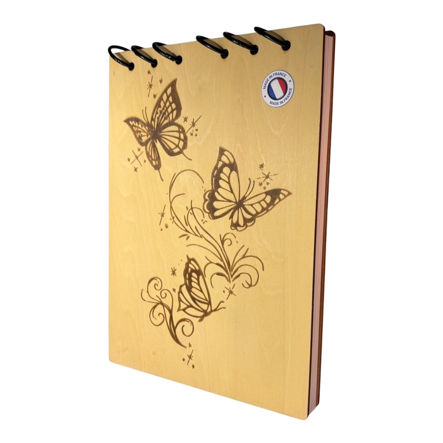 Bloc note A5 papillons qui volent -graver au laser rechargeable et ecologique fabrication francaise et artisanale