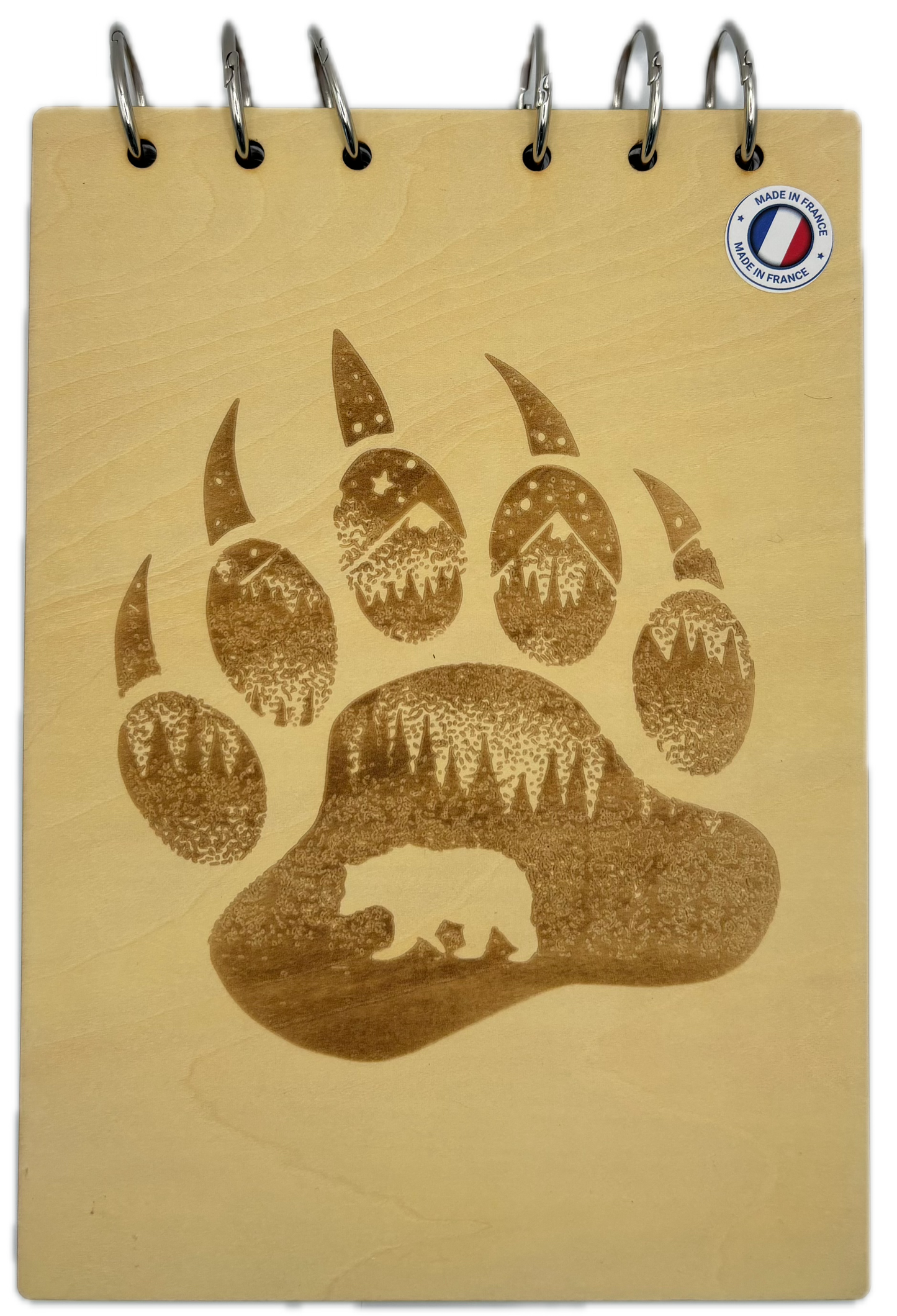 Bloc note A5 Patte d'ours avec une silhouette d'oursgraver au laser rechargeable et ecologique fabrication francaise et artisanale