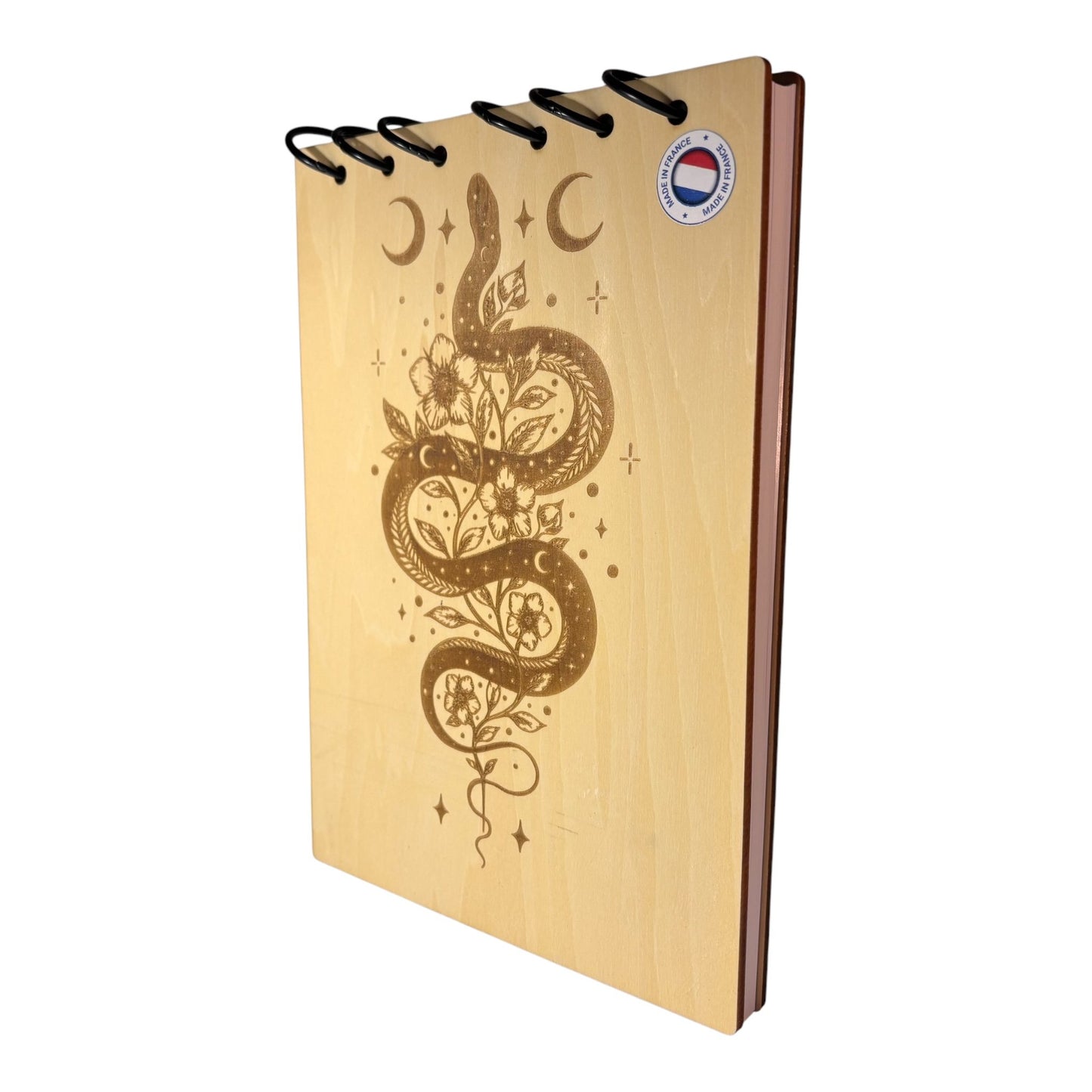 Bloc note A5 serpent avec lune et fleur - graver au laser rechargeable et ecologique fabrication francaise et artisanale
