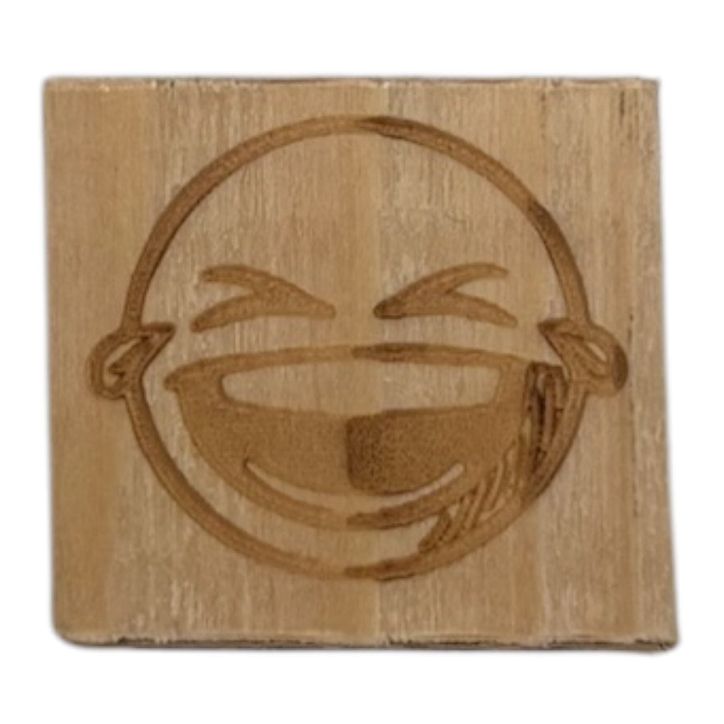 Tampon en bois smiley qui rigole de fabrication artisanale par mon carnet en bois pour bullet journal et loisir créatif