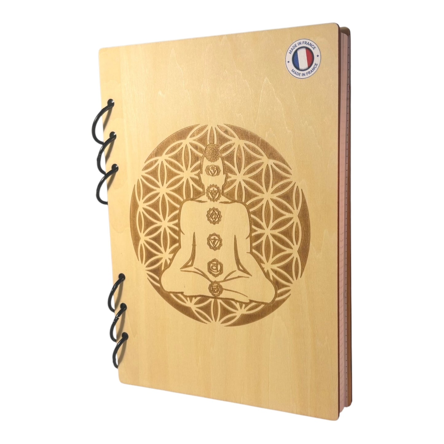 Cahier A5 fleur de vie avec yogi graver au laser rechargeable et ecologique fabrication francaise et artisanale