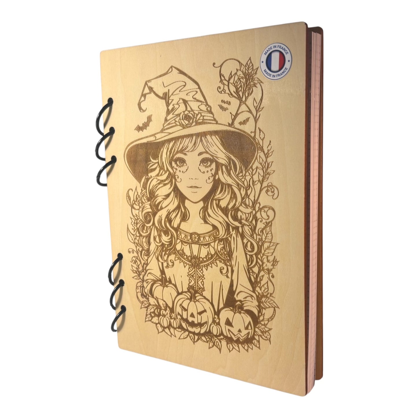 Cahier A5 sorcière avec citrouilles - graver au laser rechargeable ecologique de fabrication francaise et artisanale