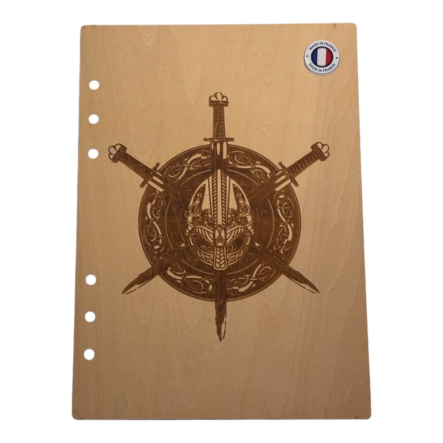 Couverture cahier A5 casque viking et épées graver au laser rechargeable et ecologique fabrication francaise et artisanale