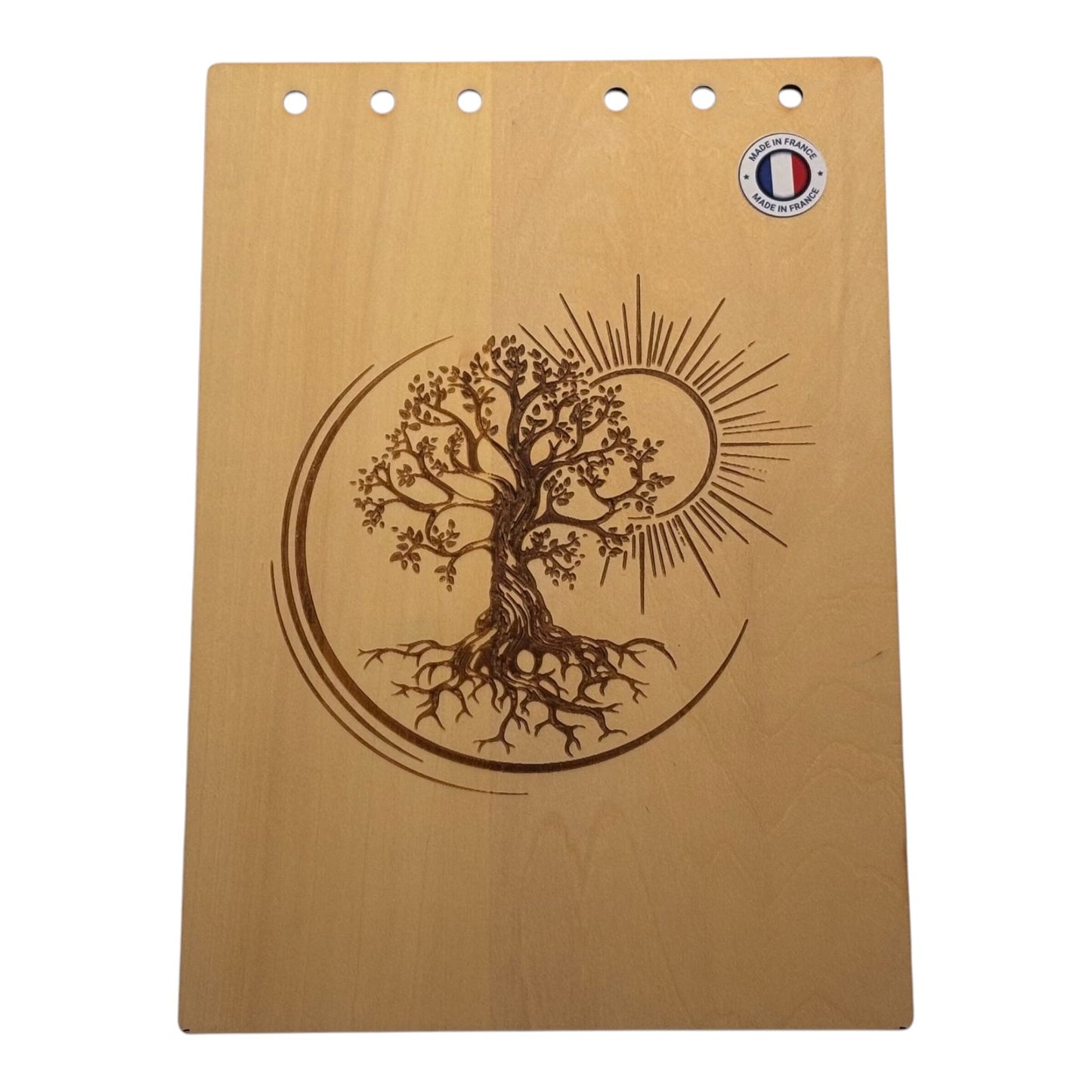 Couverture bloc note A5 arbre de vie avec soleil et lune graver au laser rechargeable et ecologique fabrication francaise et artisanale