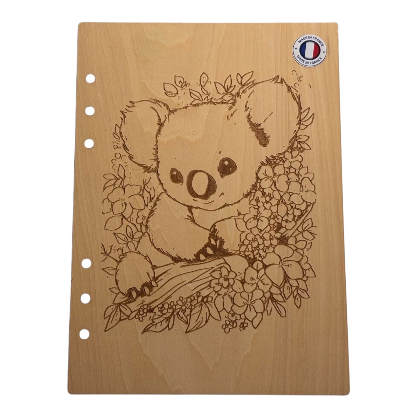 Couverture cahier A5 koala avec fleurs - -graver au laser rechargeable et ecologique fabrication francaise et artisanale