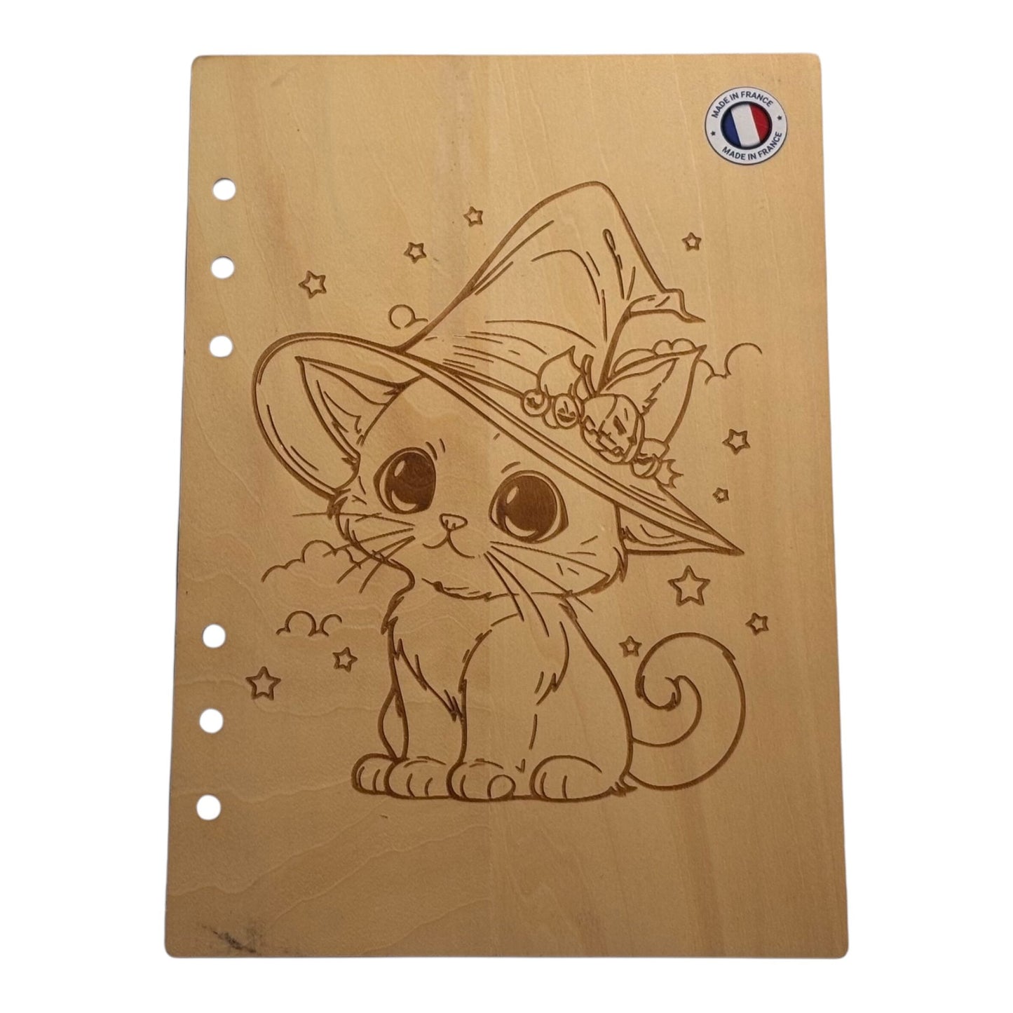Couverture cahier A5 chat sorcier -graver au laser rechargeable et ecologique fabrication francaise et artisanale
