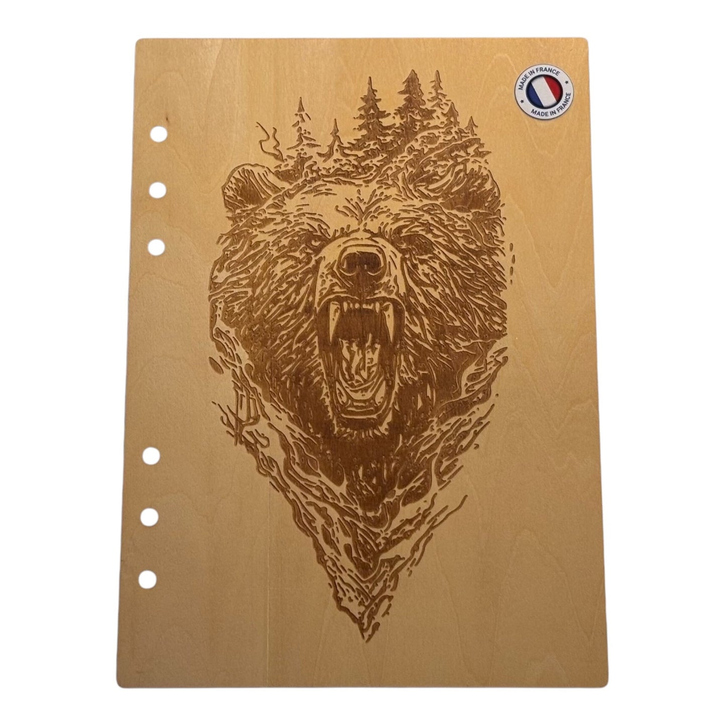 Couverture cahier A5 tête d'ours graver au laser rechargeable et ecologique fabrication francaise et artisanable