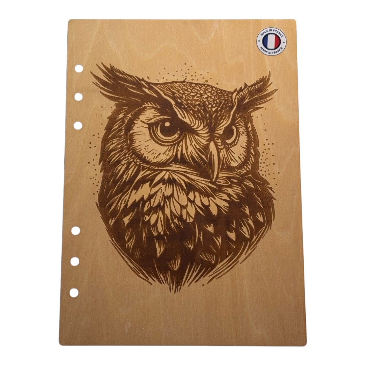 Couverture cahier A5 tête de hiboux - graver au laser rechargeable et ecologique fabrication francaise et artisanale