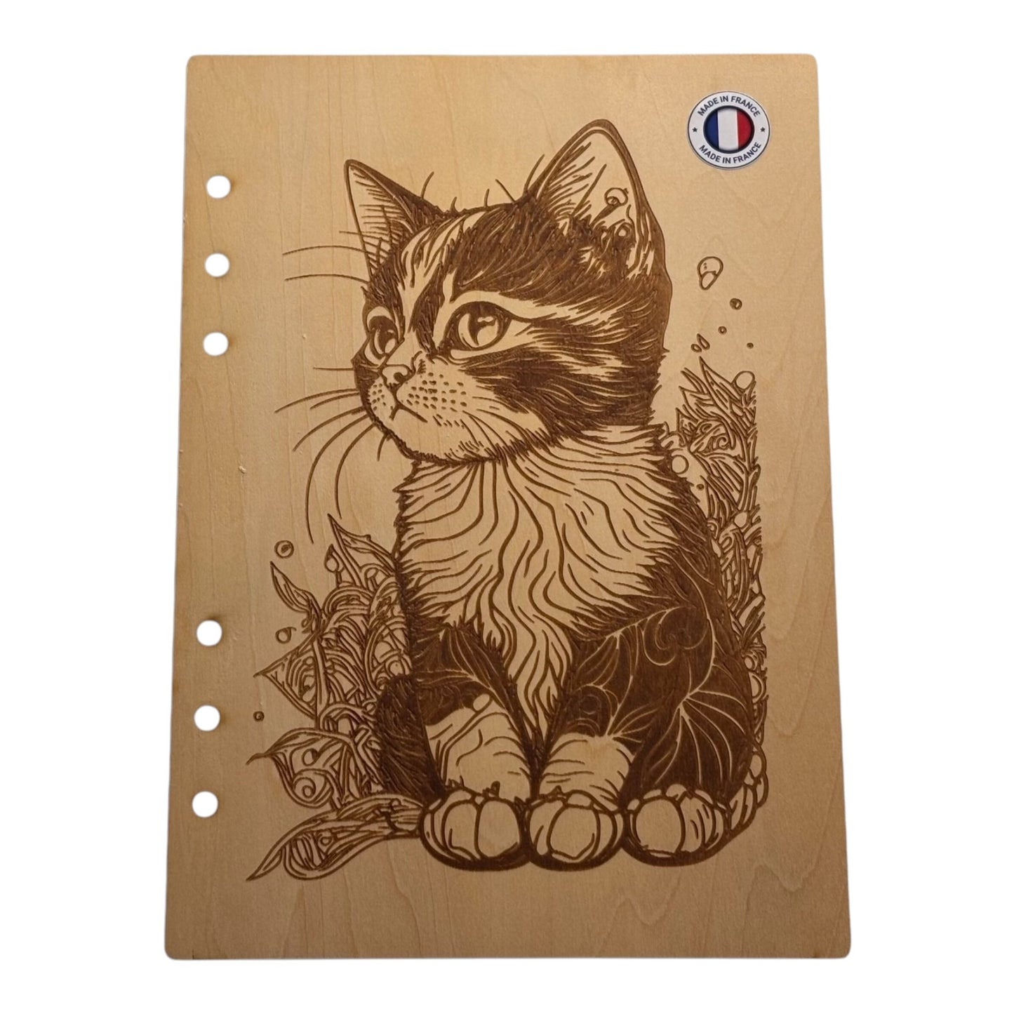 Couverture cahier A5 chaton graver au laser rechargeable et ecologique fabrication francaise et artisanale