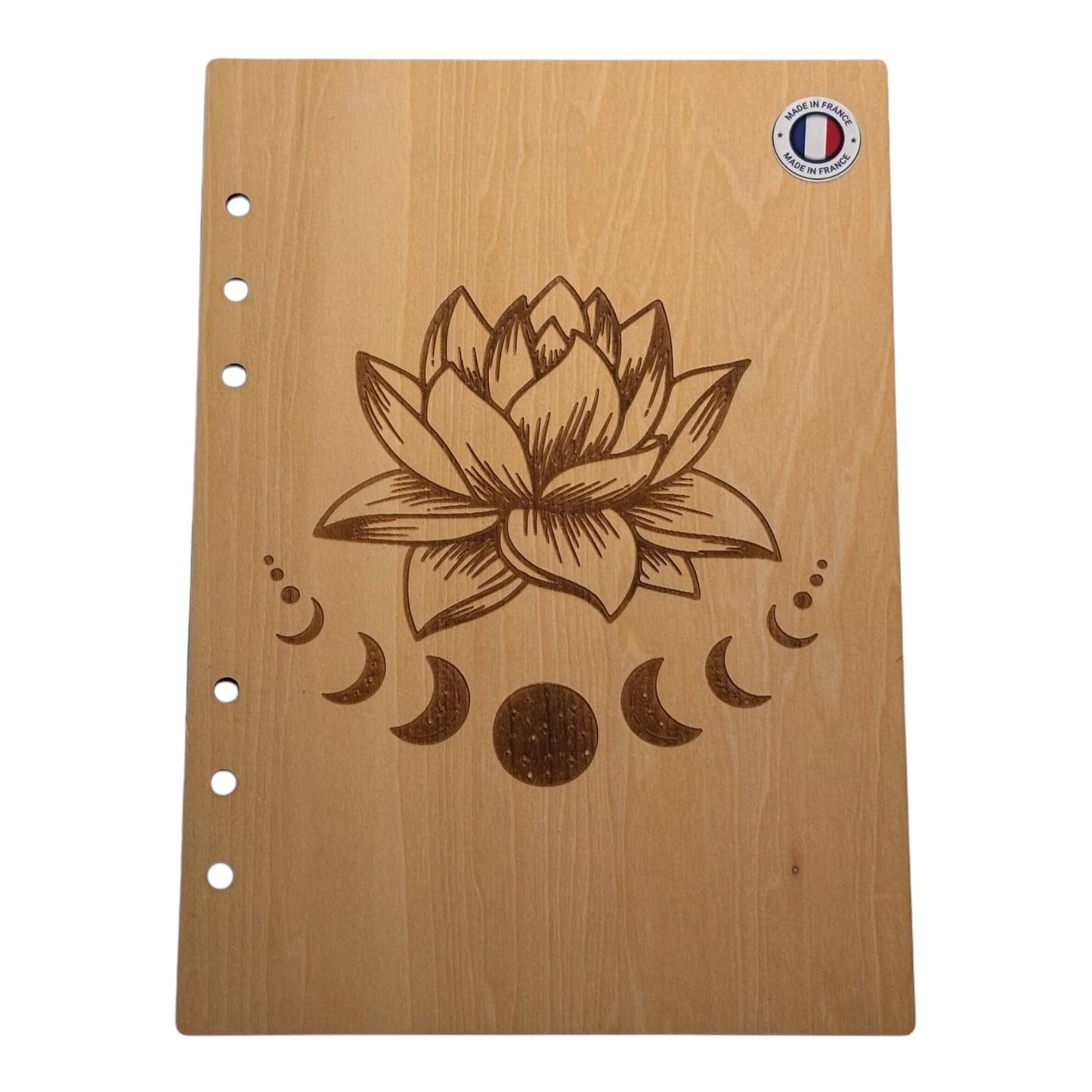 Couverture cahier A5 fleur de lotus avec phase de la lune -graver au laser rechargeable et ecologique fabrication francaise et artisanale