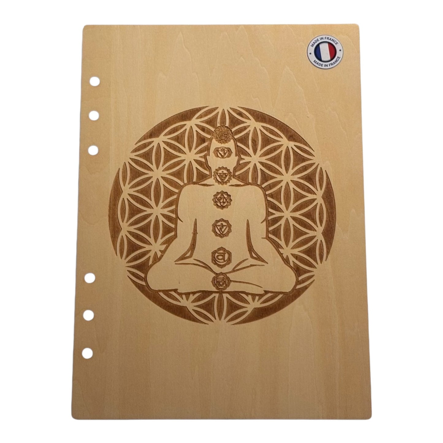 Couverture cahier A5 fleur de vie avec yogi -graver au laser rechargeable et ecologique fabrication francaise et artisannle