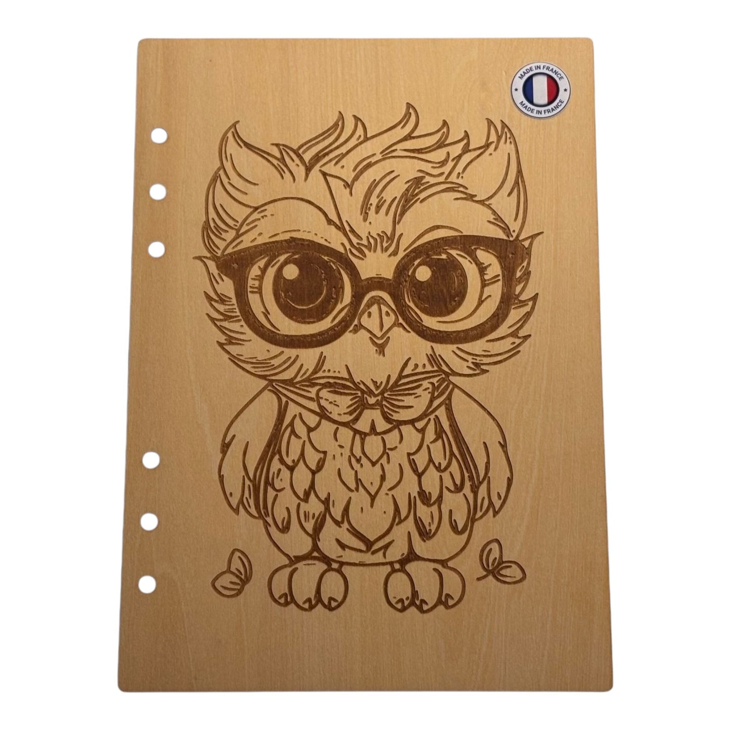 Couverture cahier A5 hiboux avec lunette graver au laser rechargeable et ecologique fabrication francaise et artisanale