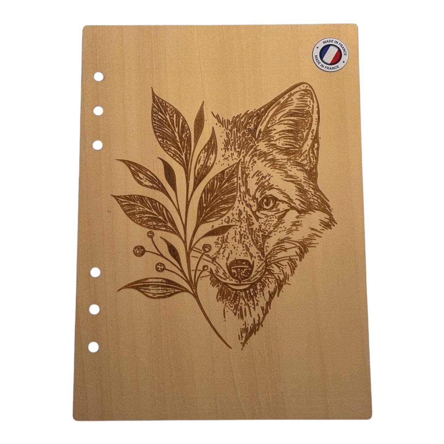 Couverture cahier A5 renard derrière une plante graver au laser rechargeable et ecologique fabrication francaise et artisananle