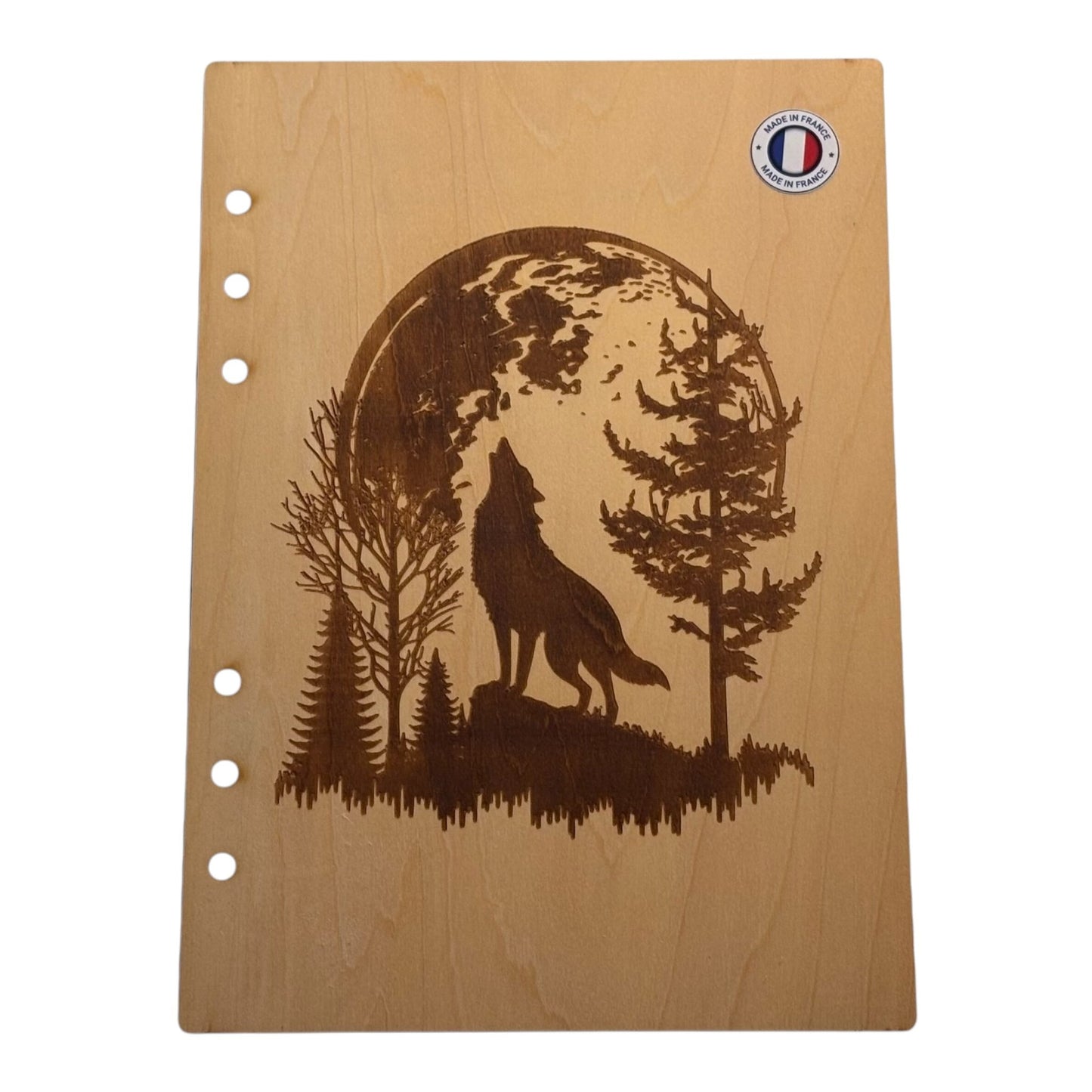 Couverture cahier A5 loup au clair de lune graver au laser rechargeable et ecologique fabrication francaise et artisanale