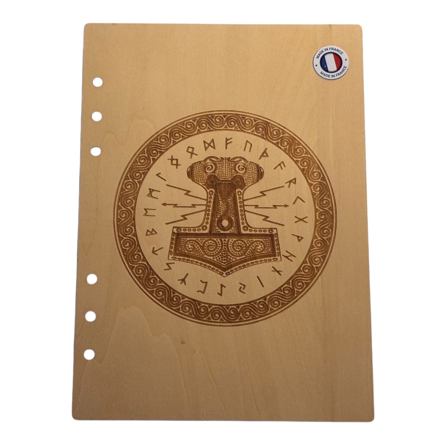 Couverture cahier Á5 mjolnir et futhark graver au laser rechargeable et ecologique fabrication francaise et artisanale