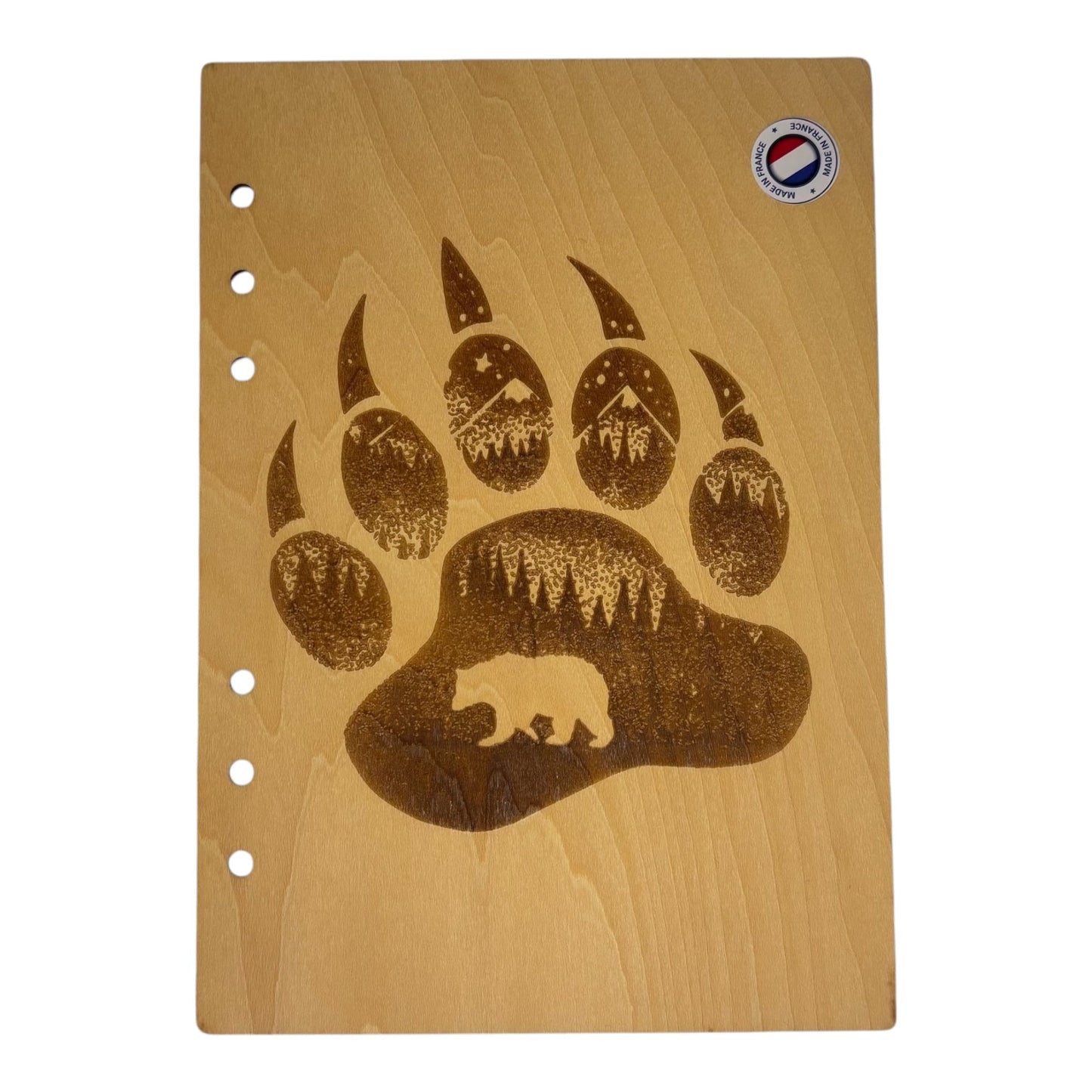 Couverture cahier A5 Patte d'ours avec une silhouette d'ours graver au laser rechargeable et ecologique fabrication francaise et artisanale