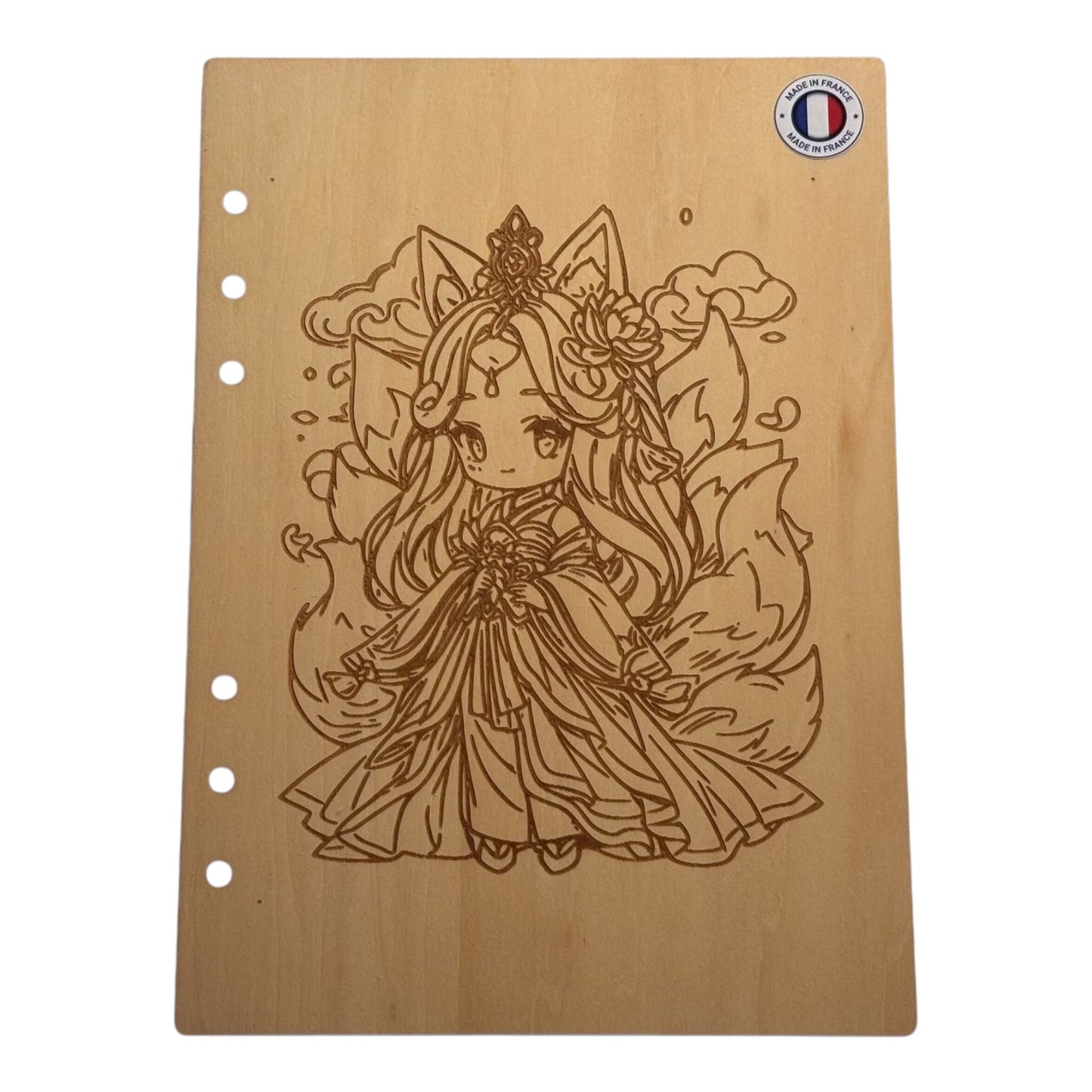 Couverture cahier A5 personnage manga renard graver au laser rechargeable et ecologique fabrication francaise et artisanale