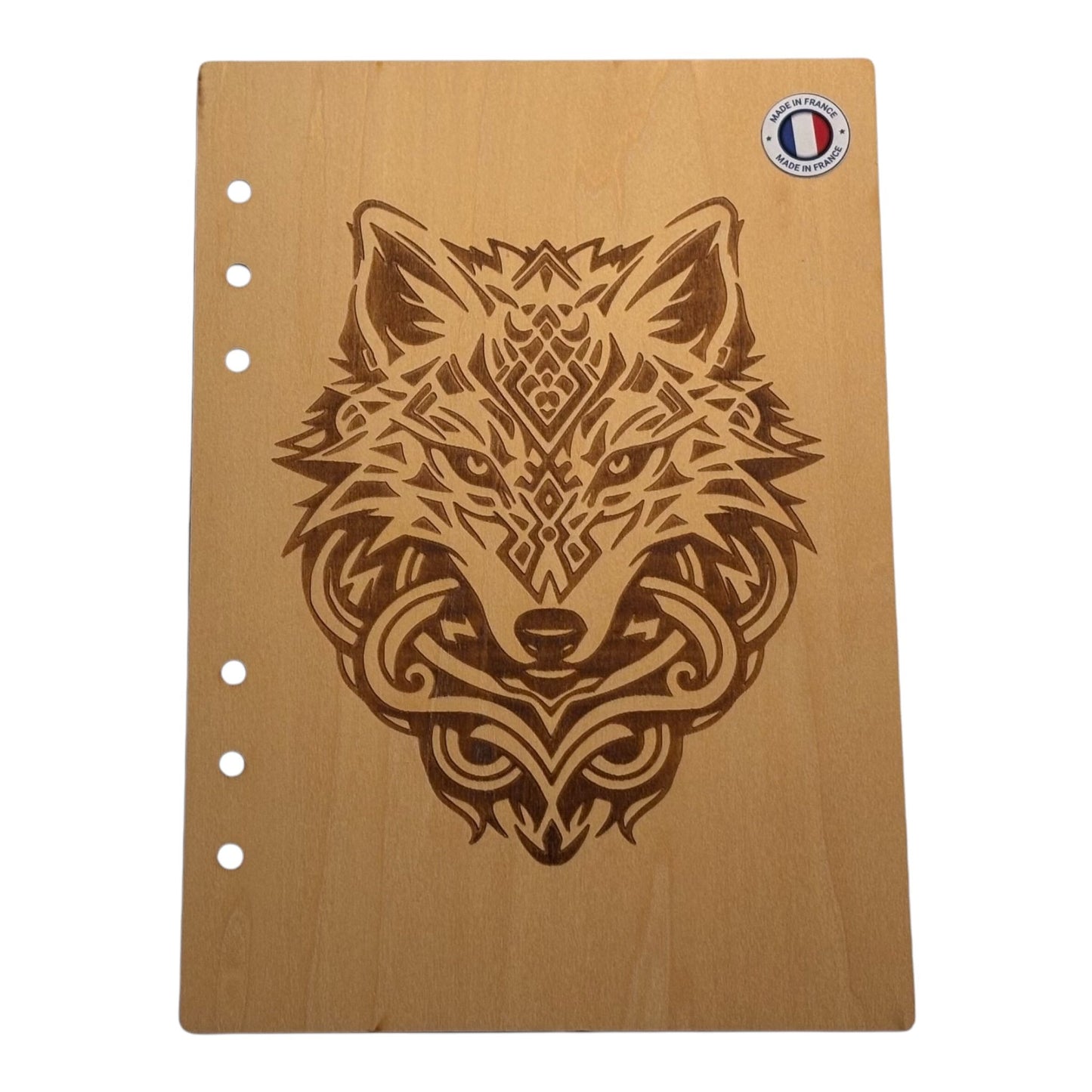Couverture cahier A5 tête de loup graver au laser rechargeable et ecologique fabrication francaise et artisananle