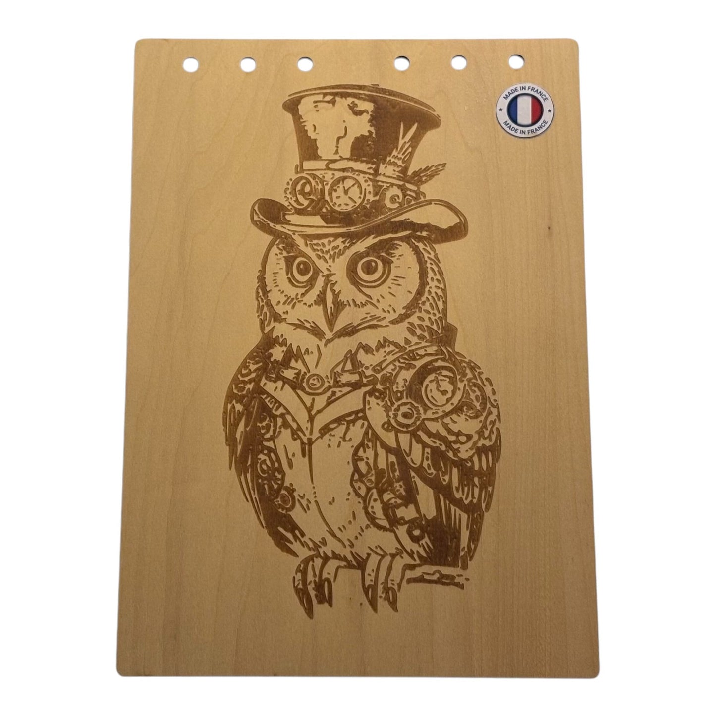 Couverture bloc note A5 hiboux steampunk graver au laser rechargeable et ecologique fabrication francaise et artisanale