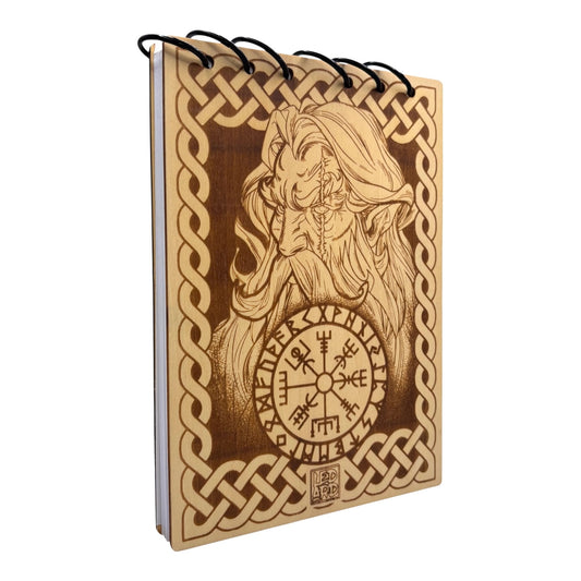 Carnet en bois avec Odin gravé au laser , cahier et bloc note au format A5 écologique et rechargeable de fabrication française et artisanale