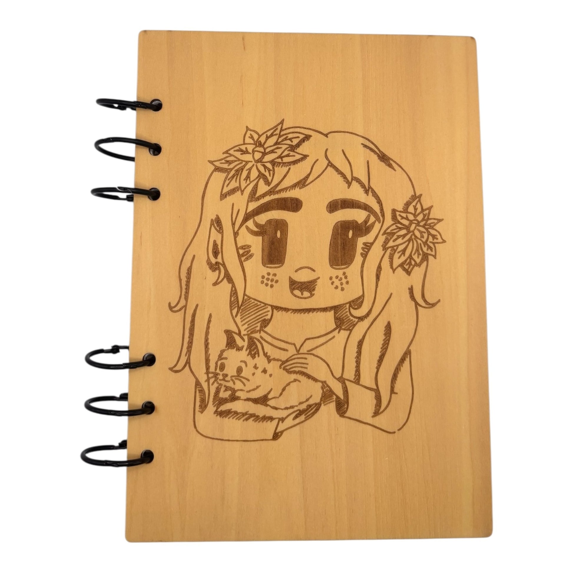 Carnet en bois avec une jeune fille avec son chat style kawai gravé au laser , cahier et bloc note au format A5 écologique et rechargeable de fabrication française et artisanale