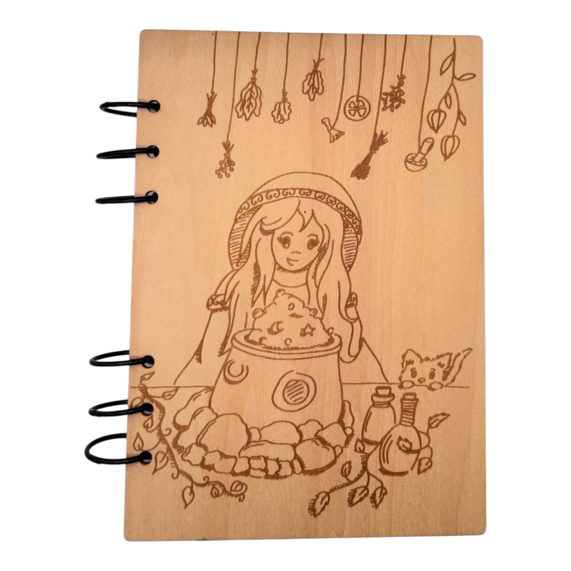 Carnet en bois avec une maison champignon gravé au laser , cahier et bloc note au format A5 écologique et rechargeable de fabrication française et artisanale