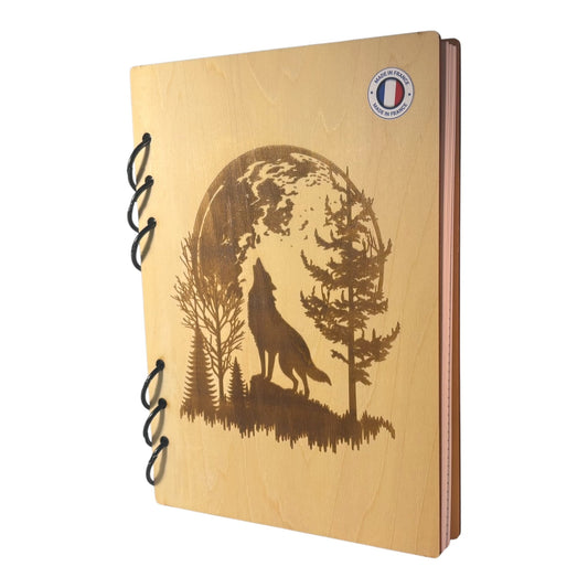 Cahier A5  loup au clair de lune -graver au laser rechargeable et ecologique fabrication francaise et artisanale