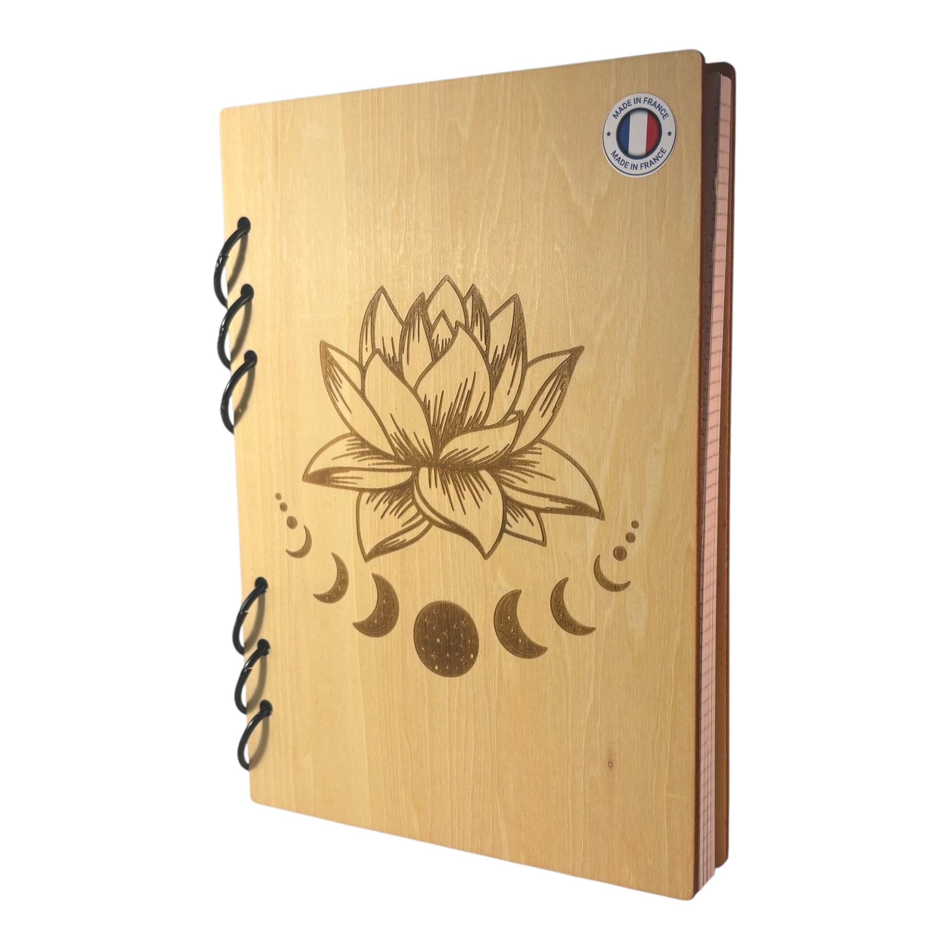 Cahier  A5 fleur de lotus avec phases de la lune graver au laser fabrication francaise et artisanale