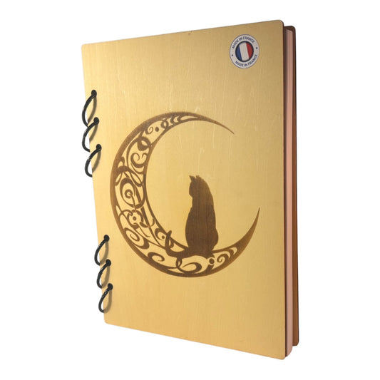 cahier A5 chat sur une lune en arabesque rechargeable ecologique fabrication francaise et artisanale