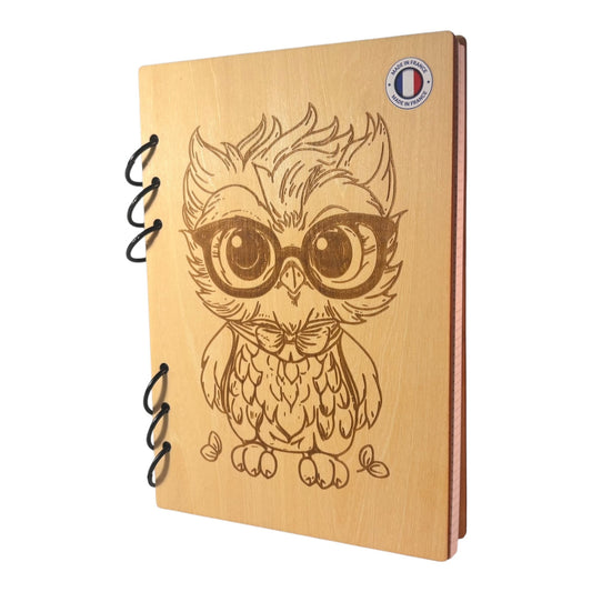 Cahier  A5 hiboux avec des lunettes - rechargeable ecologique fabrication francaise et artisanale