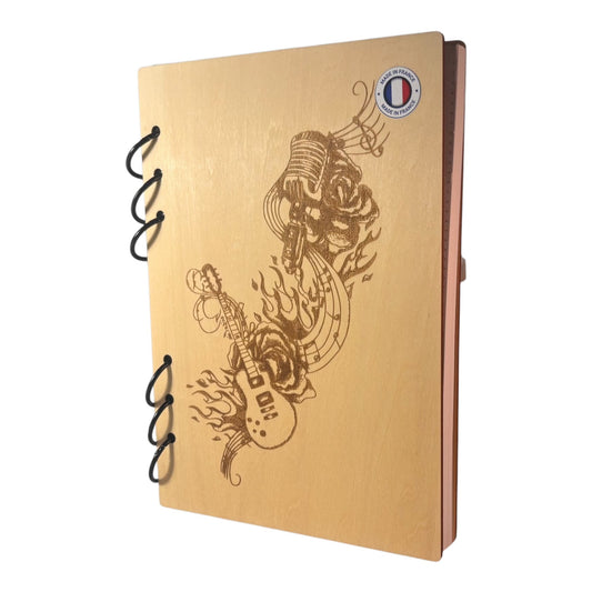 Cahier A5 Guitare et son flux de notes de musique graver au laser rechargeable et ecologique fabrication francaise et artisanale