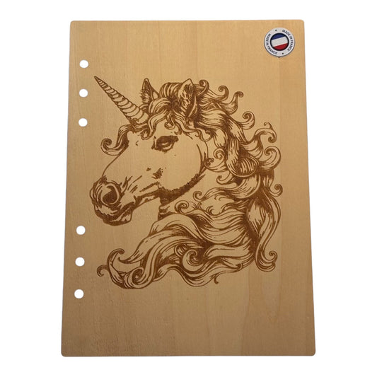 Couverture cahier  A5 licorne graver au laser rechargeable et ecologique fabrication francaise et artisanale