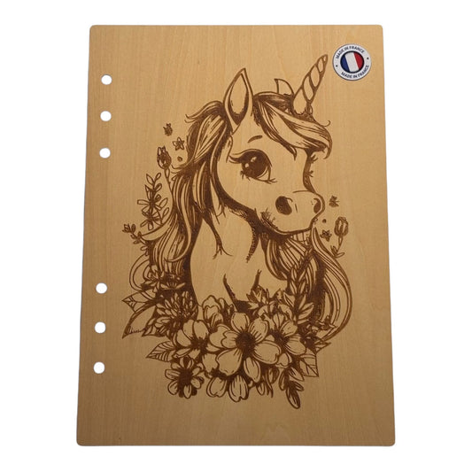  Couverture cahier  A5 Licorne dans des fleurs-graver au laser rechargeable et ecologique fabrication francaise et artisanale