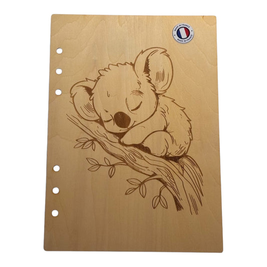 Couverture cahier  A5 Koalas sur une branche graver au laser rechargeable et ecologique fabrication francaise et artisanale