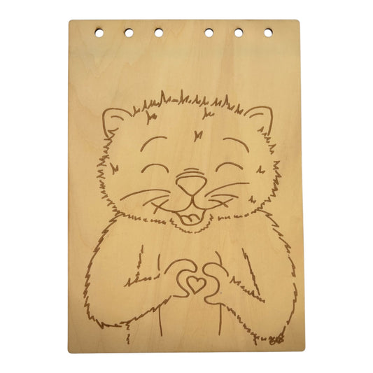 Couverture Loutre Carnet en bois format cahier ou bloc note A5 écologique et rechargeable de fabrication francaise et artisanale illustration d'artiste gravé au laser
