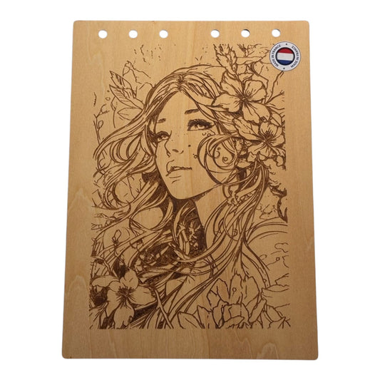 Couverture bloc note A5  Elfe entourée de fleurs --graver au laser rechargeable et ecologique fabrication francaise et artisanale