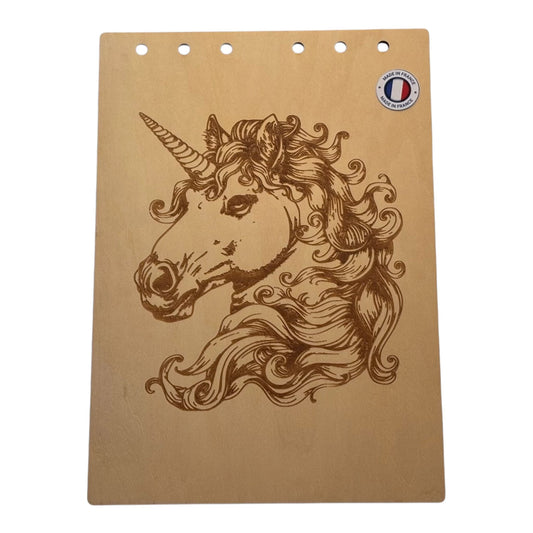 Couverture bloc note  A5 licorne graver au laser rechargeable et ecologique fabrication francaise et artisanale