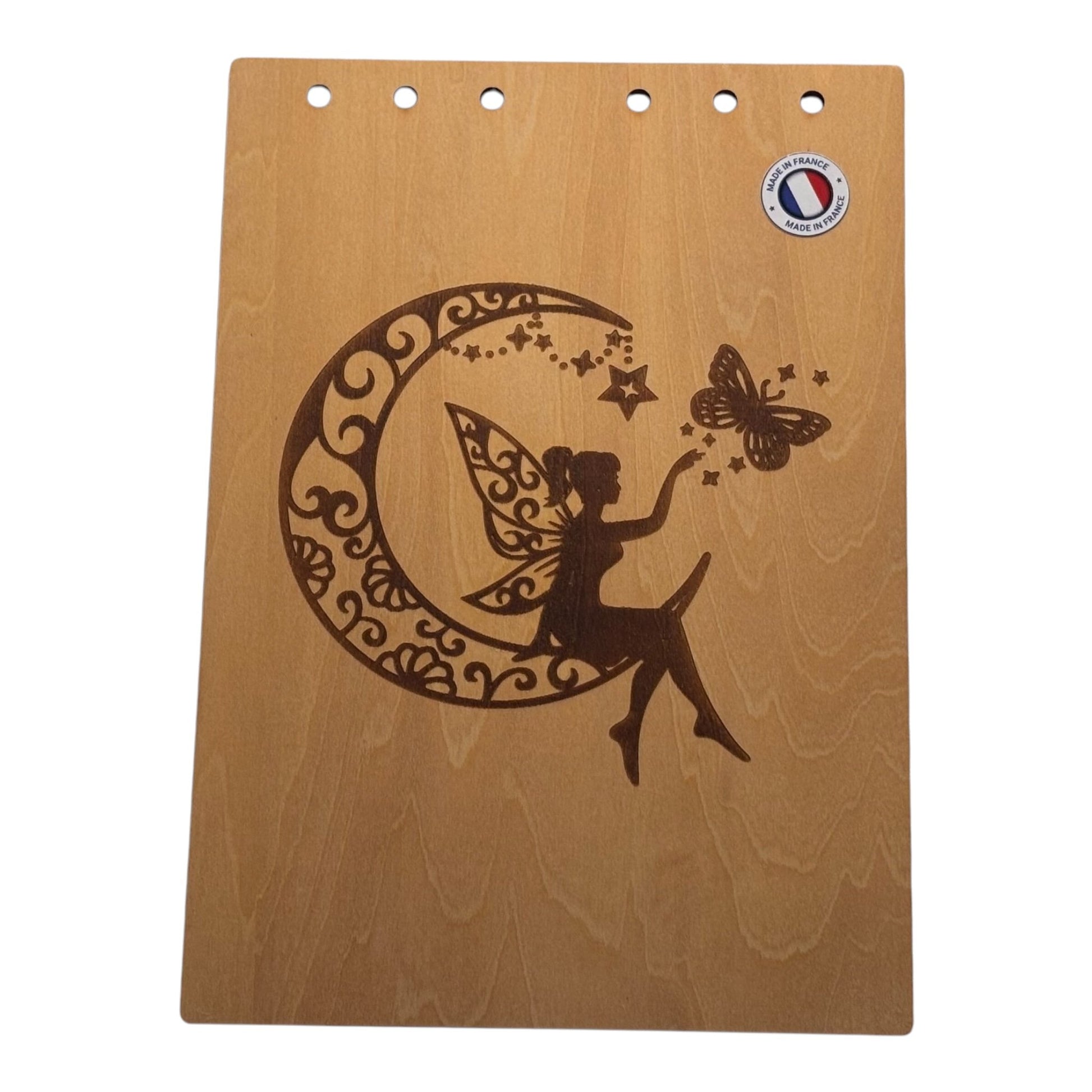 Couverture bloc note  A5 fée avec lune et papillon graver au laser rechargeable et ecologique fabrication francaise et artisanale