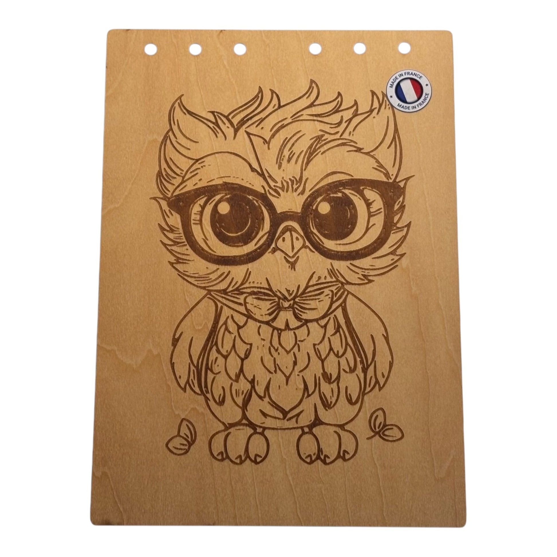 Couverture bloc note  A5 hibou avec lunette graver au laser rechargeable et ecologique fabrication francaise et artisanale