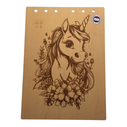 Couverture bloc note A5  Licorne dans des fleurs -graver au laser rechargeable et ecologique fabrication francaise et artisanale