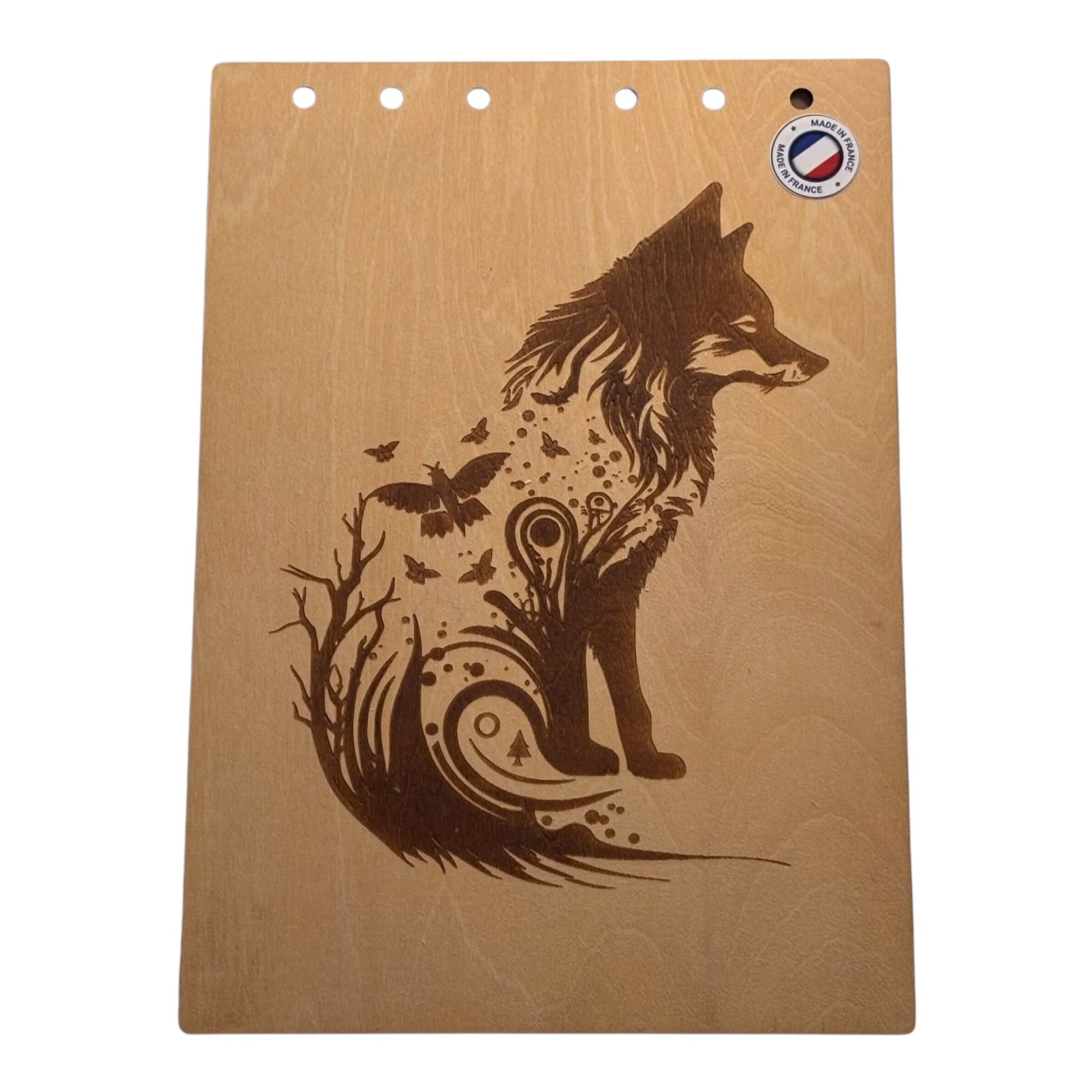 Couverture bloc note A5 loup abstrait - graver au laser rechargeable et ecologique fabrication francaise et artisanale