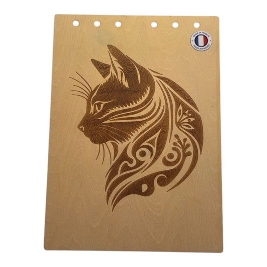 Couverture bloc note  A5 tête de chat graver au laser rechargeable et ecologique fabrication francaise et artisanale
