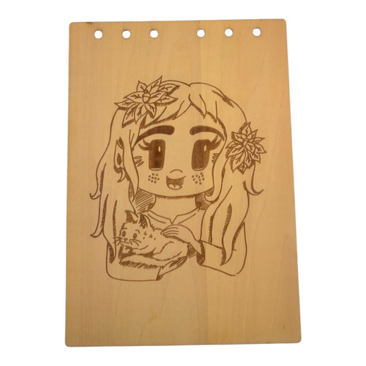 Carnet en bois avec une jeune fille avec son chat style  Kawaï gravé au laser , cahier et bloc note au format A5 écologique et rechargeable de fabrication française et artisanale