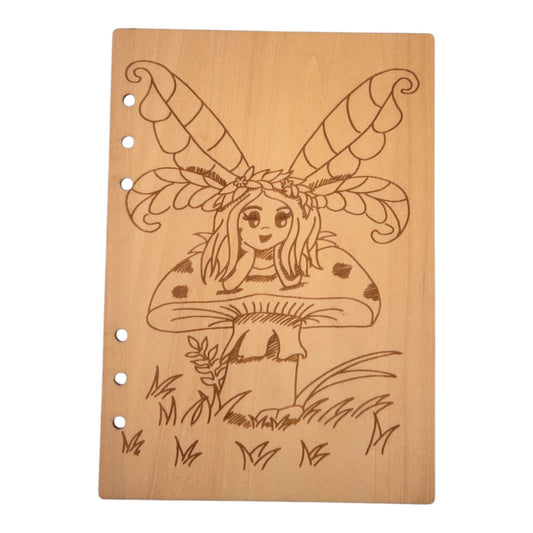 Carnet en bois avec une fille son sur champignon gravé au laser , cahier et bloc note au format A5 écologique et rechargeable de fabrication française et artisanale