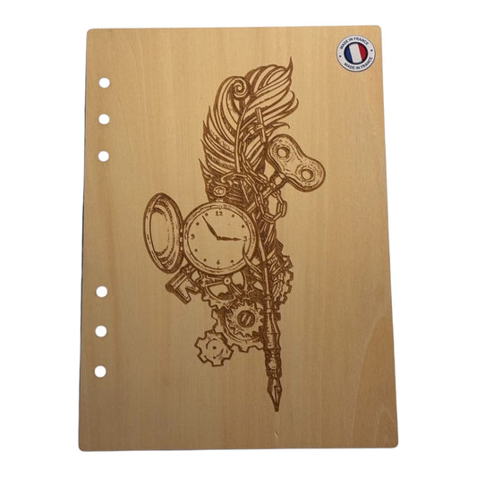 Couverture cahier  A5 Plume et montre à gousset graver au laser rechargeable et ecologique fabrication francaise et artisanale
