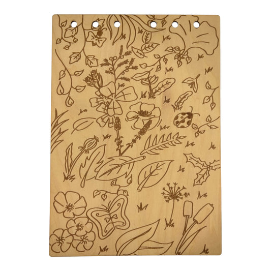 Couverture printemps Carnet en bois format cahier ou bloc note A5 écologique et rechargeable de fabrication francaise et artisanale illustration d'artiste gravé au laser