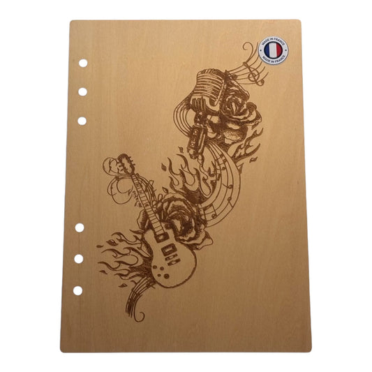 Couverture cahier  A5 Guitare et son flux de notes de musique graver au laser rechargeable et ecologique fabrication francaise et artisanale