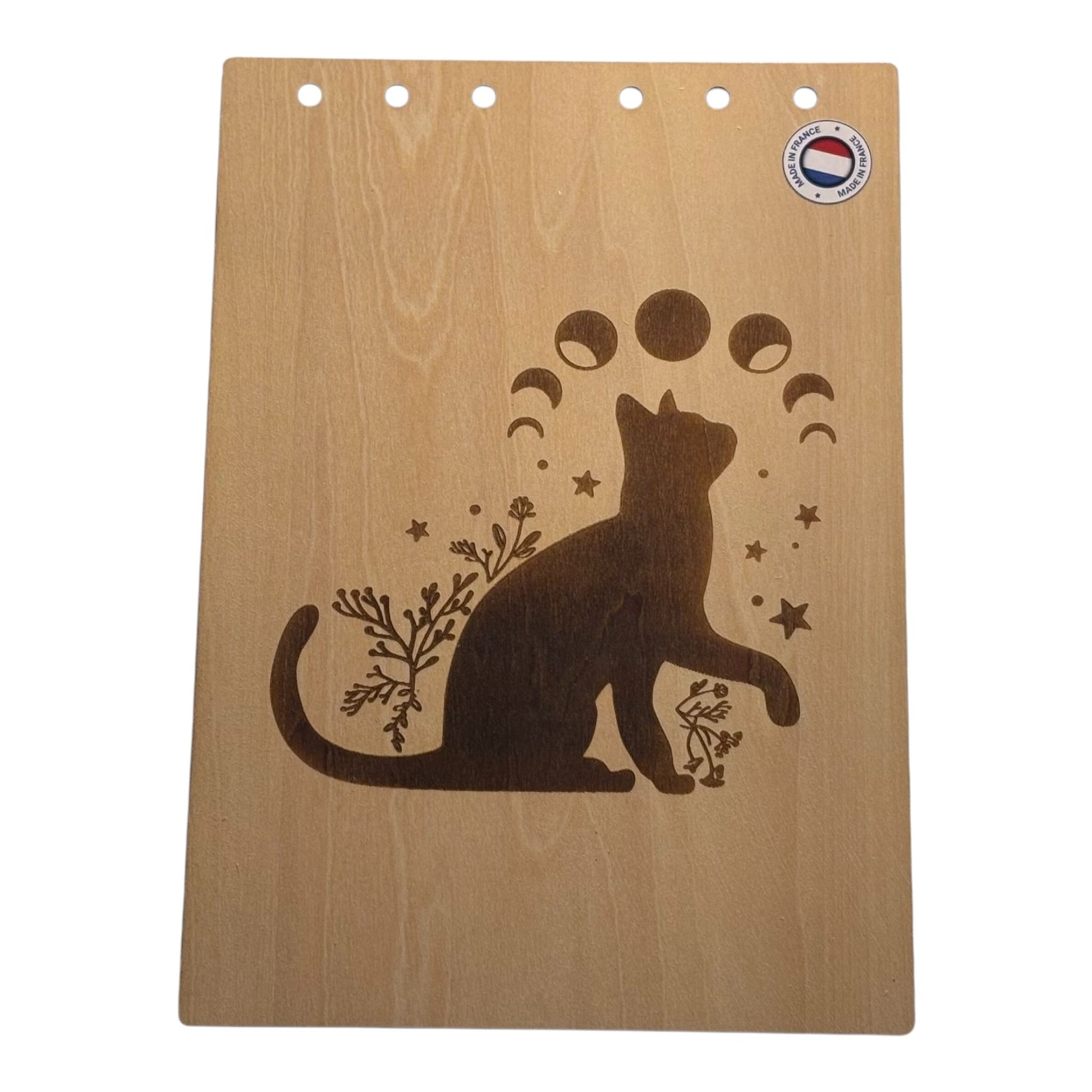 Couverture bloc note  A5 chat avec les phases de la lune graver au laser rechargeable et ecologique fabrication francaise et artisanale