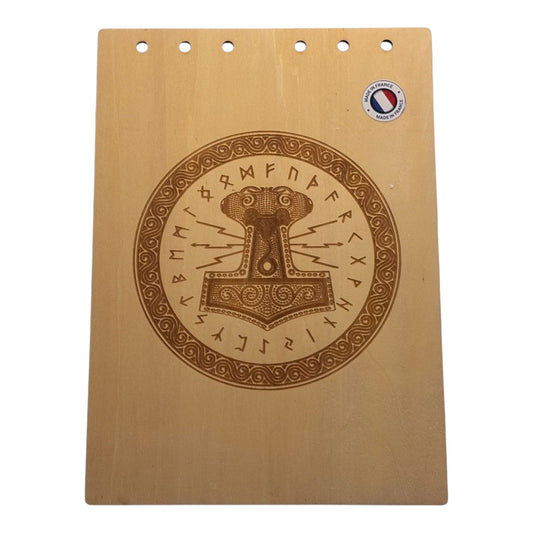 Couverture bloc note A5  mjolnir et futhark graver au laser rechargeable et ecologique fabrication francaise et artisanale